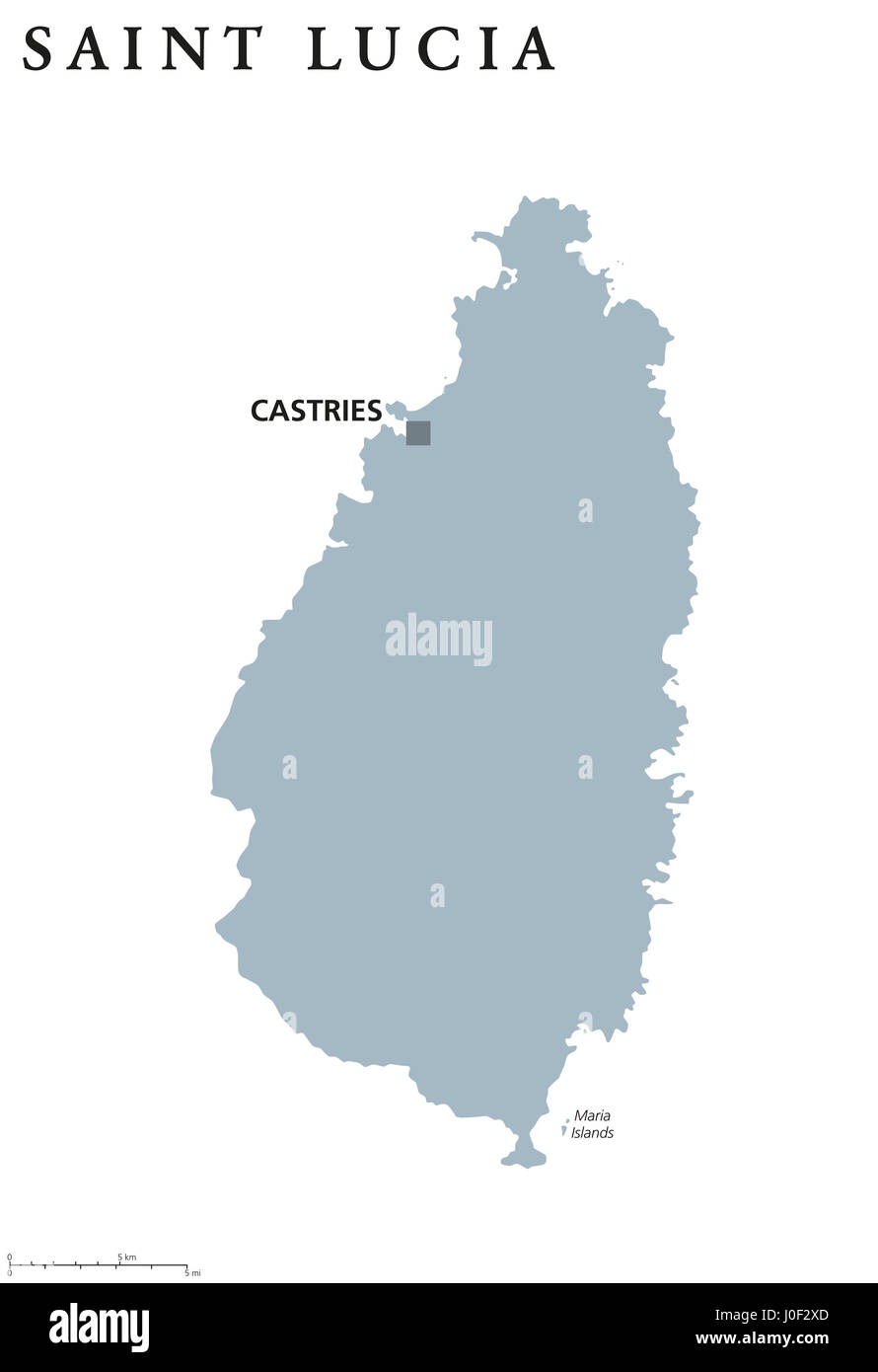 Saint Lucia politische Karte mit Hauptstadt Castries. Karibik-Inselland und Teil der kleinen Antillen und die Windward-Inseln. Graue Abbildung. Stockfoto