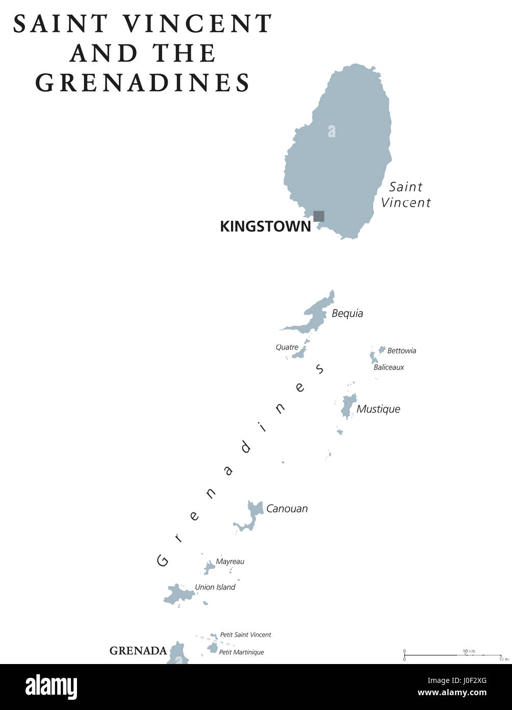St. Vincent und die Grenadinen politische Karte mit Hauptstadt Kingstown. Inseln der Karibik Land, Teil der kleinen Antillen und Windward-Inseln. Stockfoto