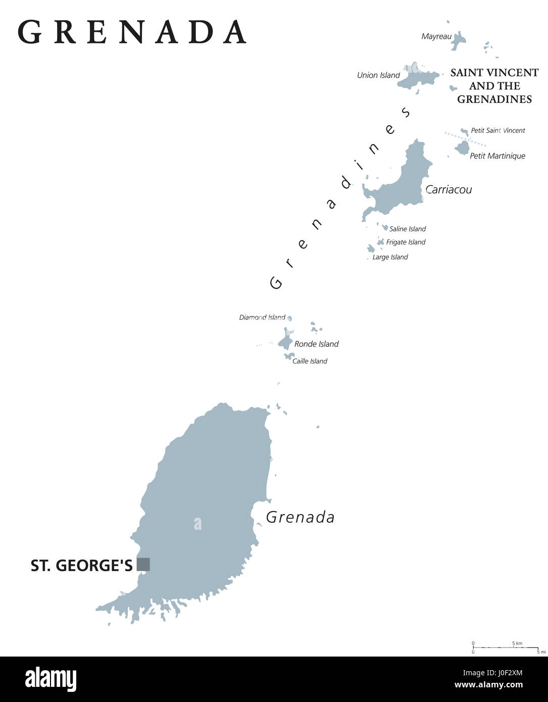 Grenada politische Karte mit Hauptstadt St. George. Karibische Inseln-Land und Teil der kleinen Antillen und die Windward-Inseln. Graue Abbildung. Stockfoto