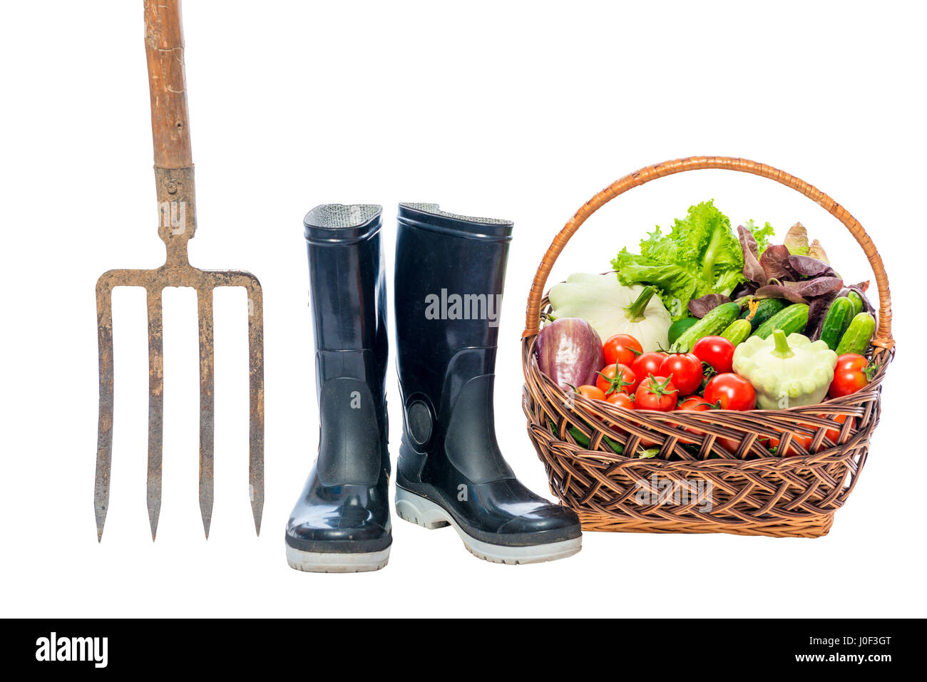 Gabeln, Gummistiefeln und ein Korb mit einer Ernte von Gemüse auf weißem Hintergrund Stockfoto