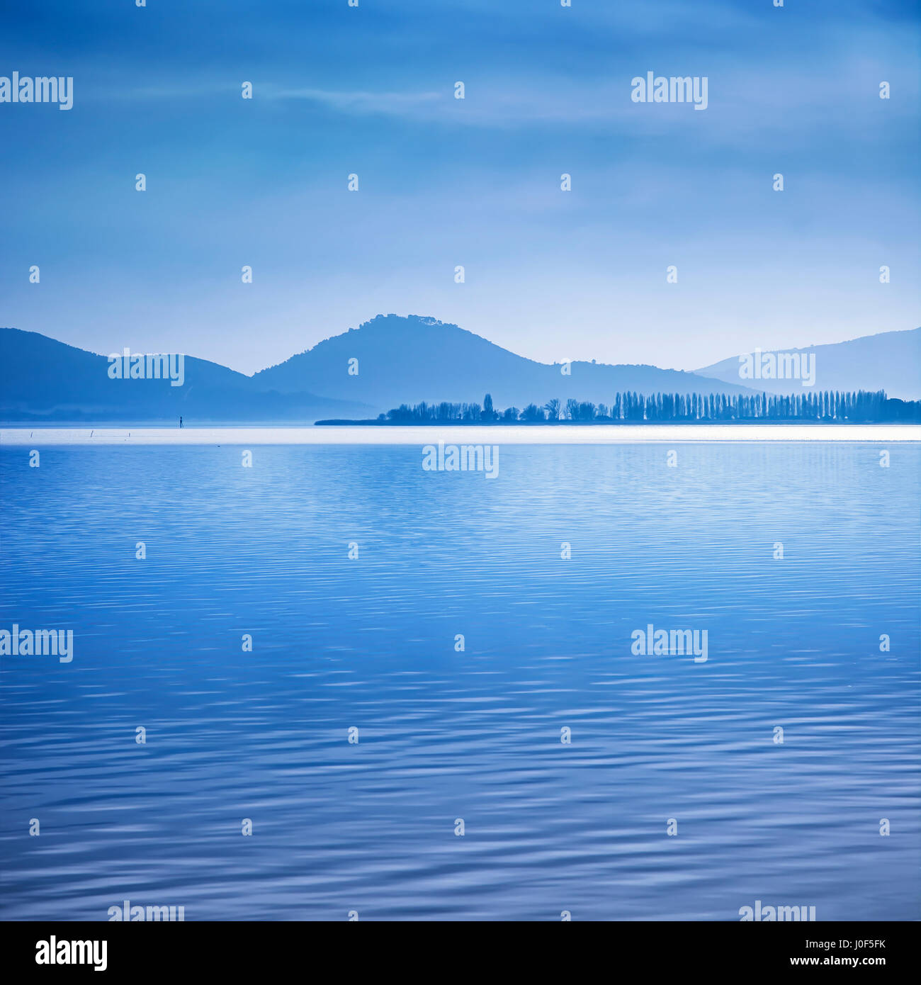 Wasseroberfläche und Polen in einem blauen Morgen am Trasimeno See, Umbrien Italien. Hügel im Hintergrund. Stockfoto