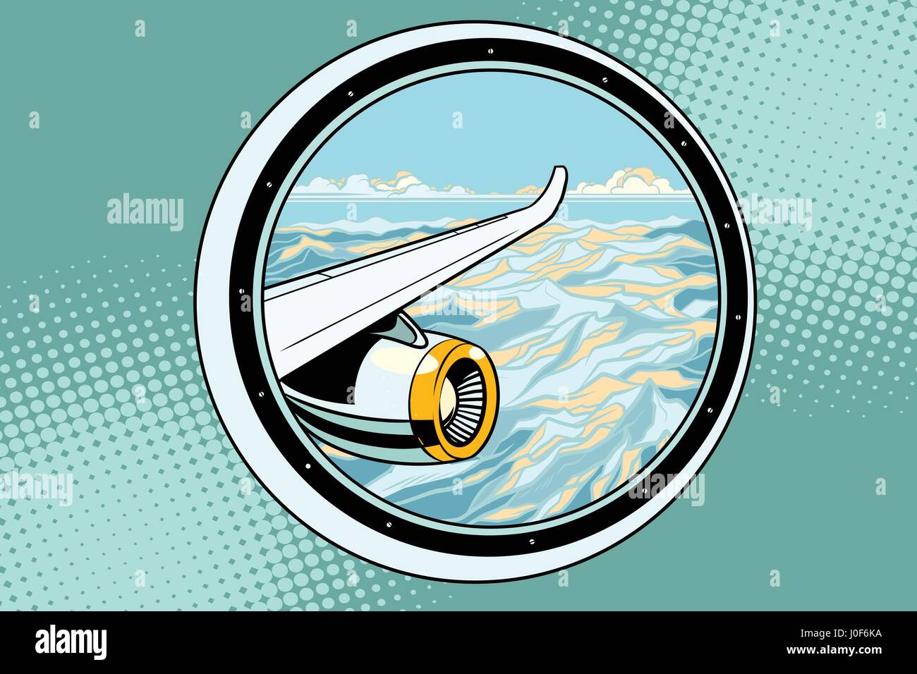 Die Flügel eines fliegenden Passagierflugzeuges. Pop-Art-Retro-Vektor-illustration Stock Vektor