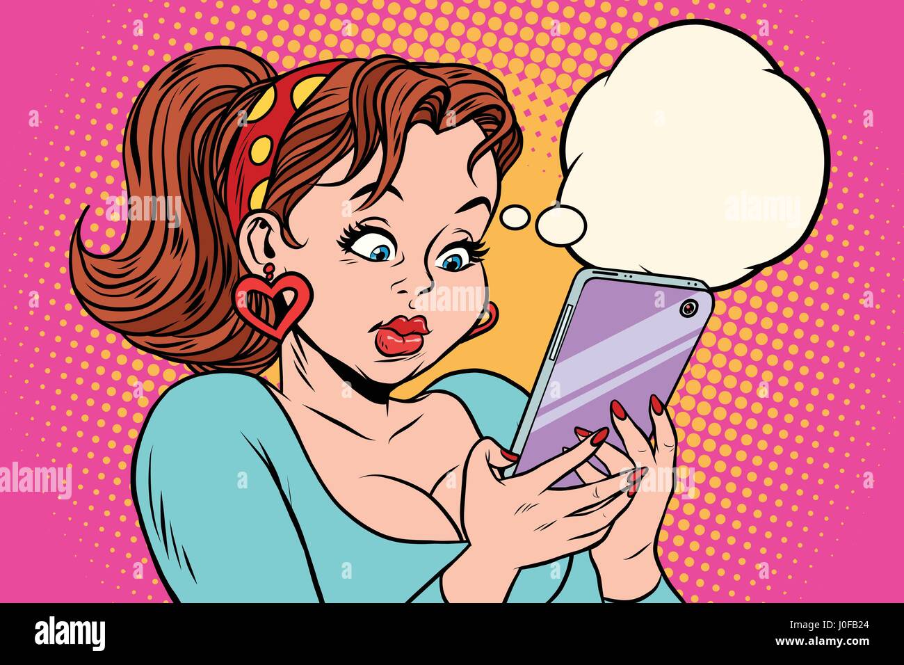 Junge Frau, die Nachricht auf dem Handy lesen. Comic-Cartoon Illustration Pop-Art Retro-Vektor Stock Vektor