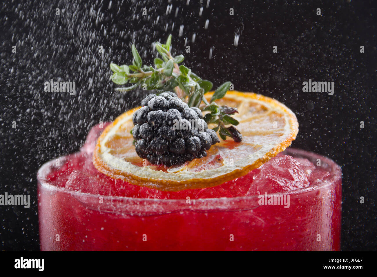 Thymian infundiert Gin erschüttert mit Creme de Mure, hausgemachte Blackberry & Thymian Strauch und Brombeeren Stockfoto