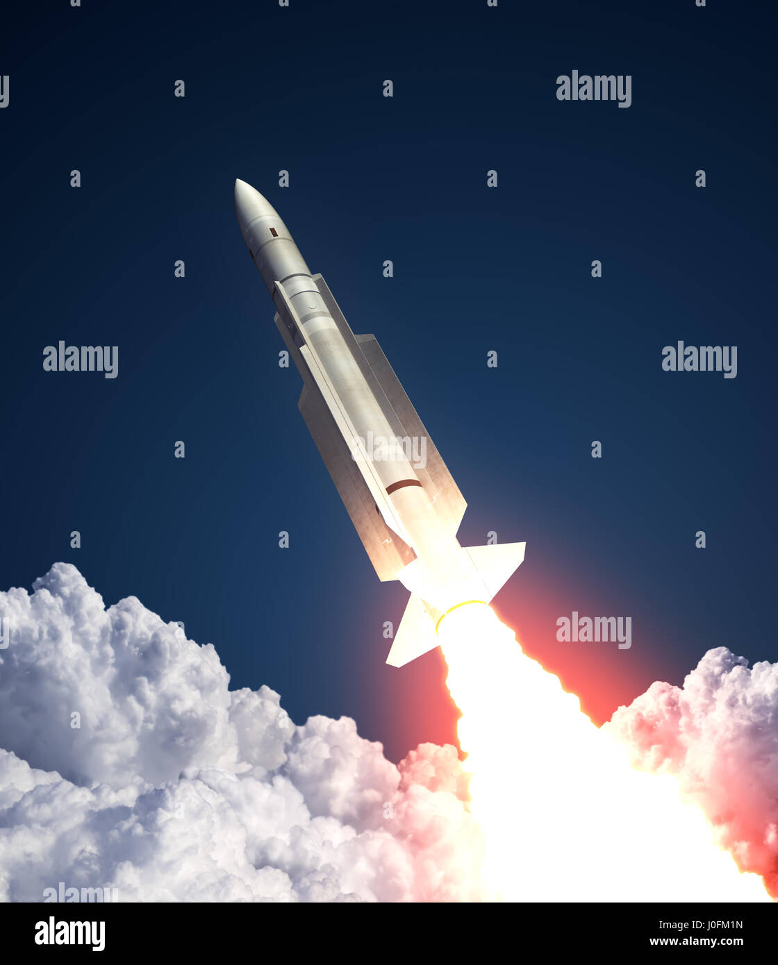 Raketenstart In den Wolken. 3D Illustration. Stockfoto