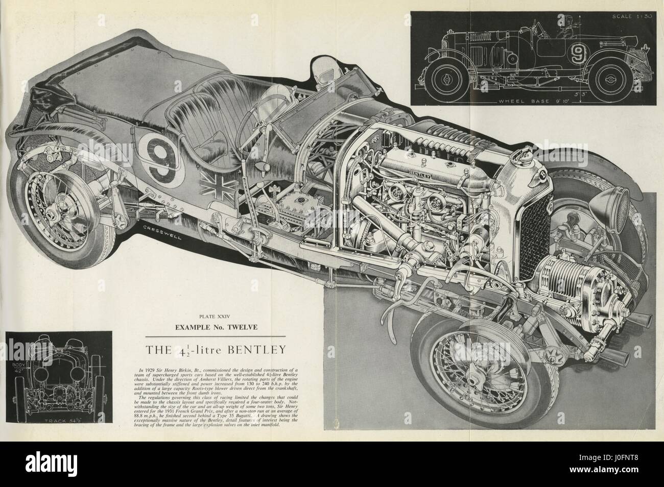Der 4,5-Liter-Bentley, Zeichnung mit einem Schnitt, Abschnitt, in den Motor Stockfoto