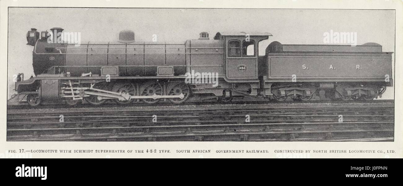 Lok keine 1494: "Lokomotive mit Schmidt Überhitzer von 4-8-2 Typ", gebaut von North British Locomtove Company für die südafrikanische Regierung Eisenbahn. Nicht identifizierte Veröffentlichung Stockfoto