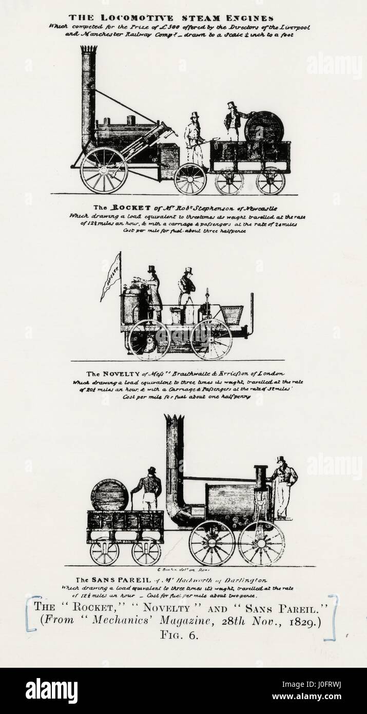 Rakete, Neuheit und Sans Pareil Dampflokomotiven aus Mechanics Magazine, 28. November 1829 Stockfoto