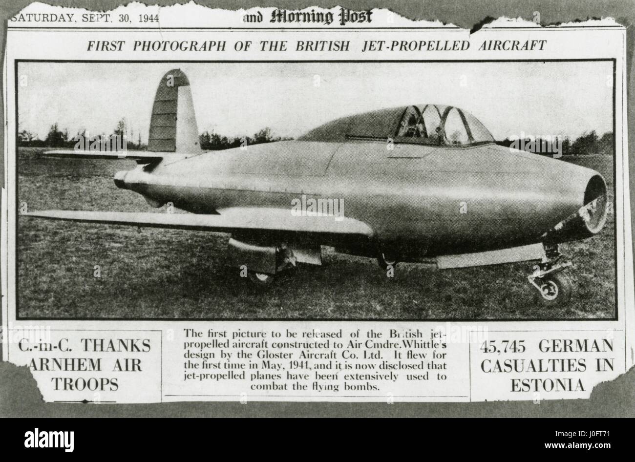 Gloster experimentelle Geschäftsreiseflugzeug E28, Ausschnitt aus einer Zeitung, 30. September 1944 Stockfoto