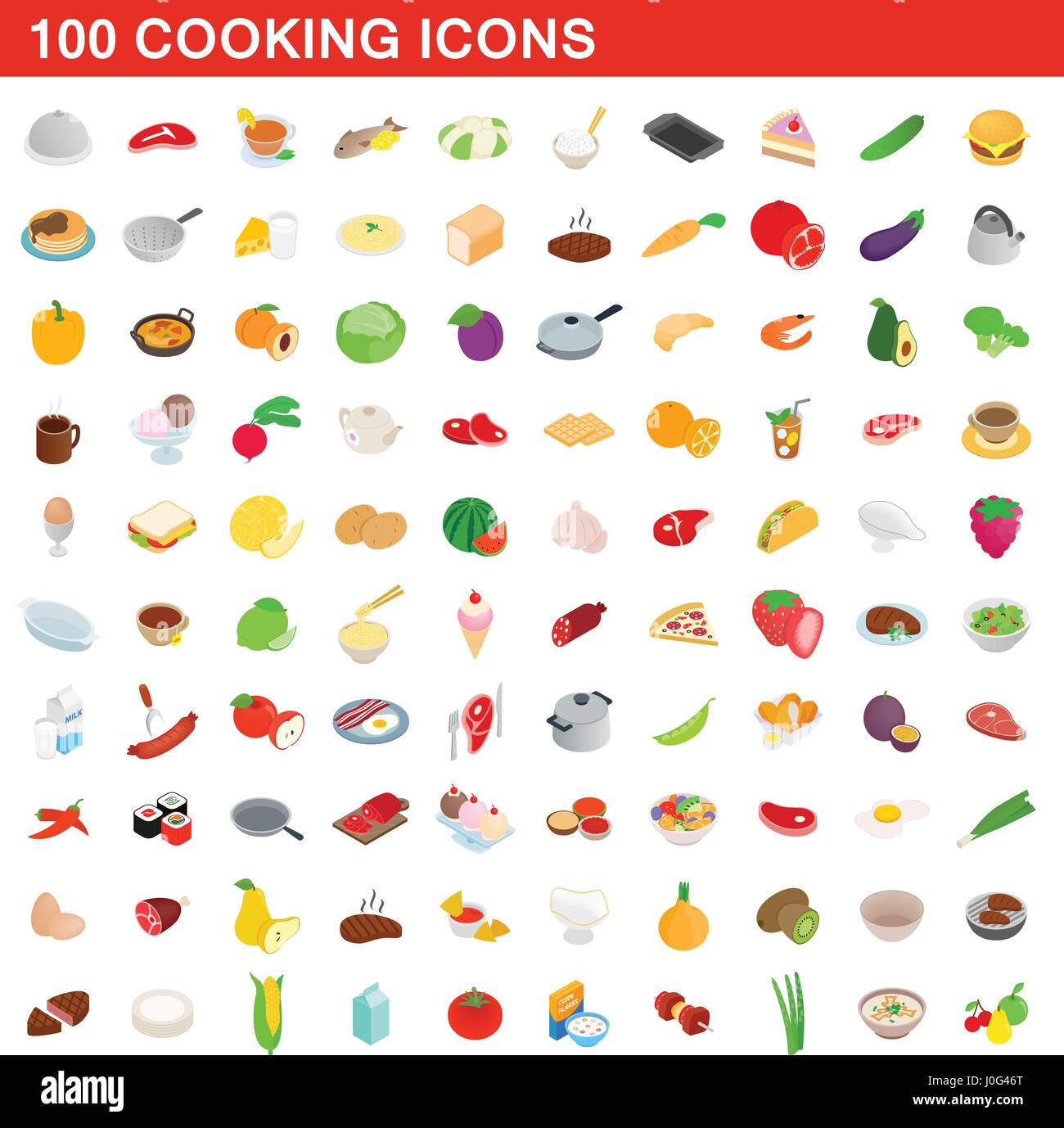 100 Symbole gesetzt, isometrischen 3d Stil kochen Stock Vektor