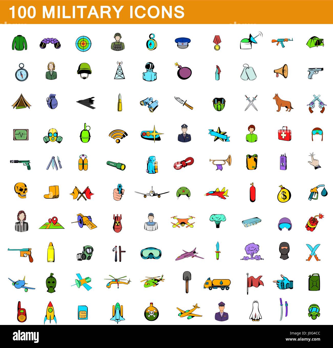 100 militärische Symbole gesetzt, Cartoon-Stil Stock Vektor