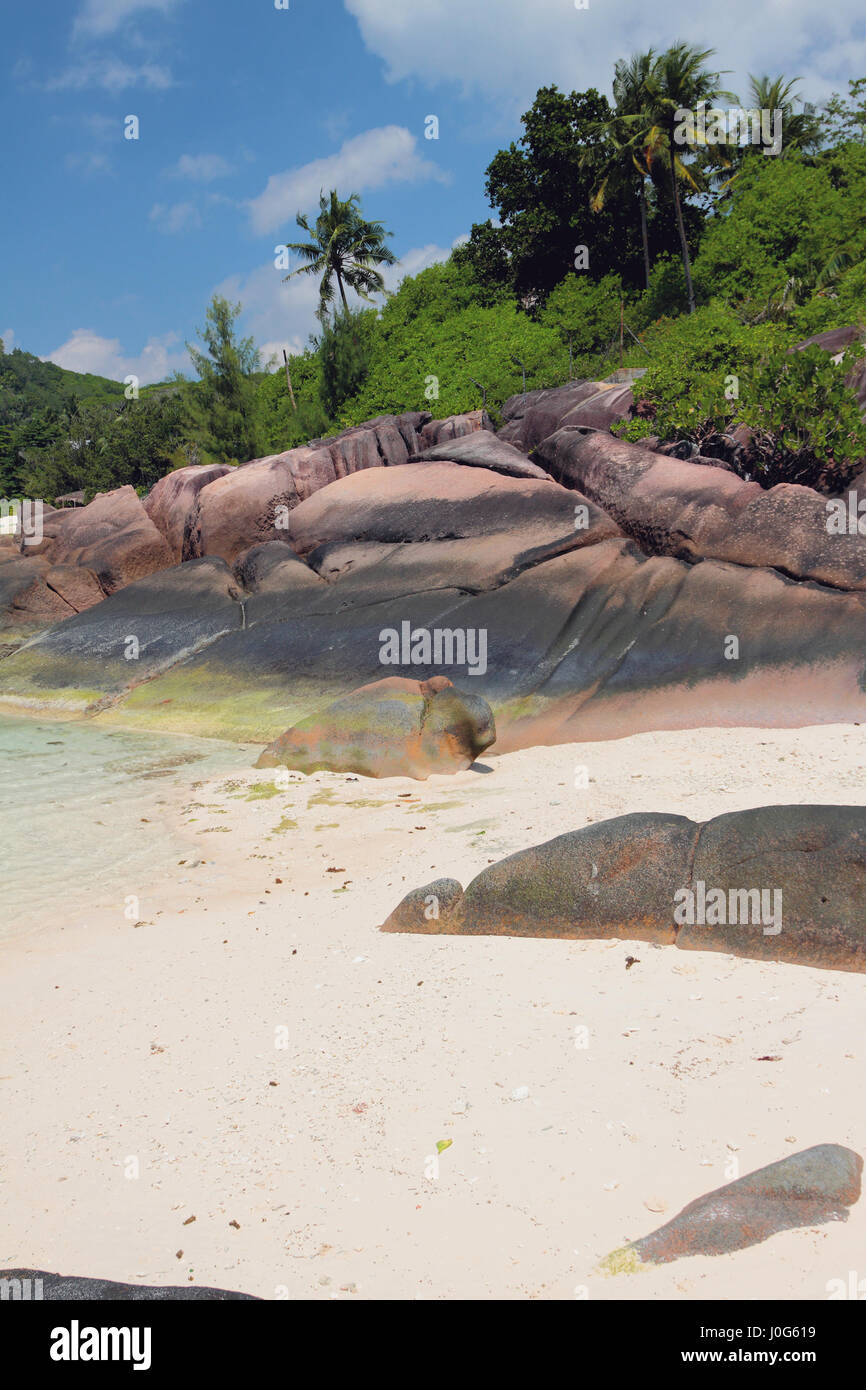 Die Insel vulkanischen Ursprungs. Baie Lazare, Mahe, Seychellen Stockfoto