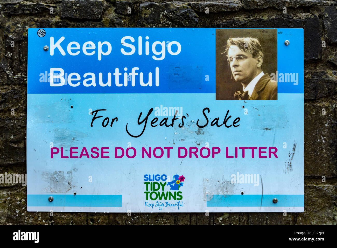 'Zuliebe Yeats' Anti-Littering-Zeichen, Sligo Stadt, County Sligo, Irland Stockfoto