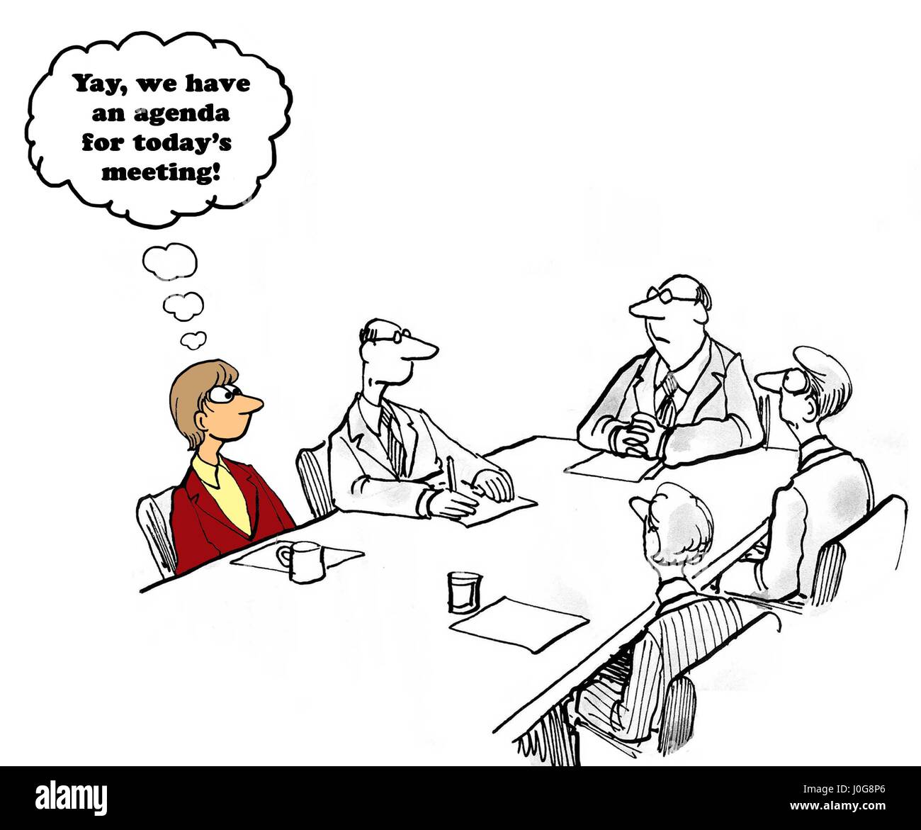Geschäftliche Karikatur über einen Teamleiter, der schließlich eine Tagesordnung hat. Stockfoto
