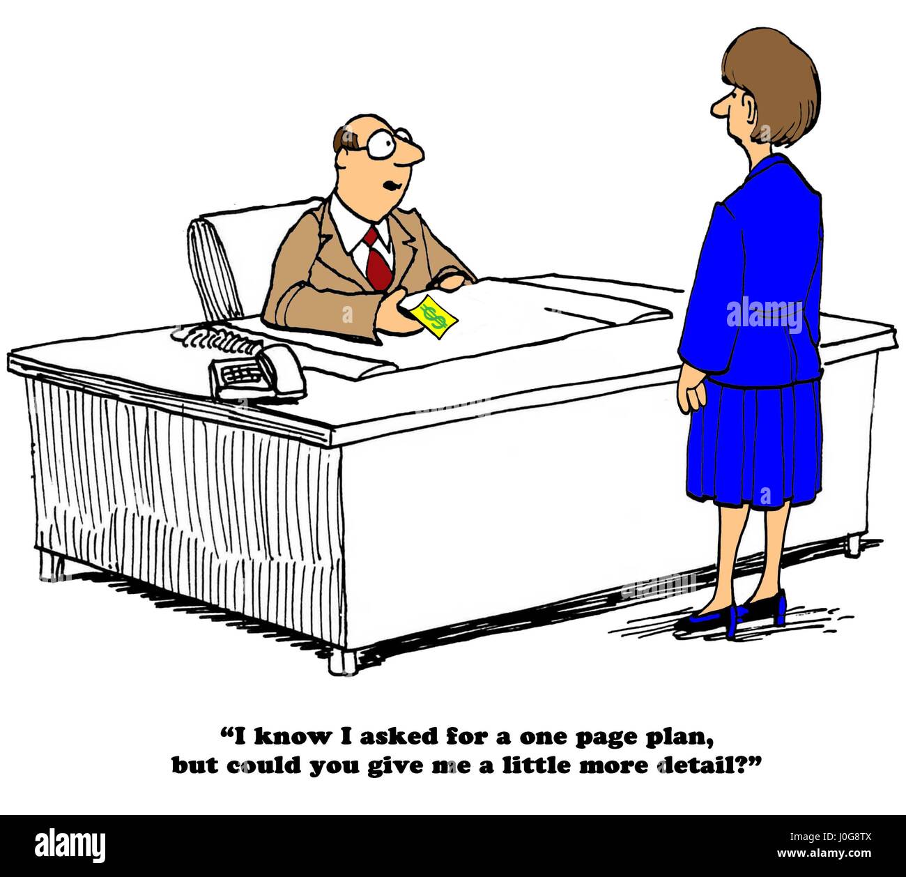 Business-Cartoon über die gesamte Business-Plan auf einem gelben Zettel zu schreiben. Stockfoto