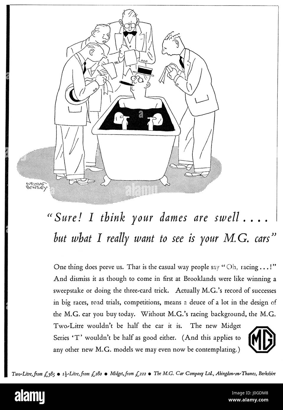 1937 britische Werbung für Kraftfahrzeuge M.G., illustriert von Nicholas Bentley. Stockfoto