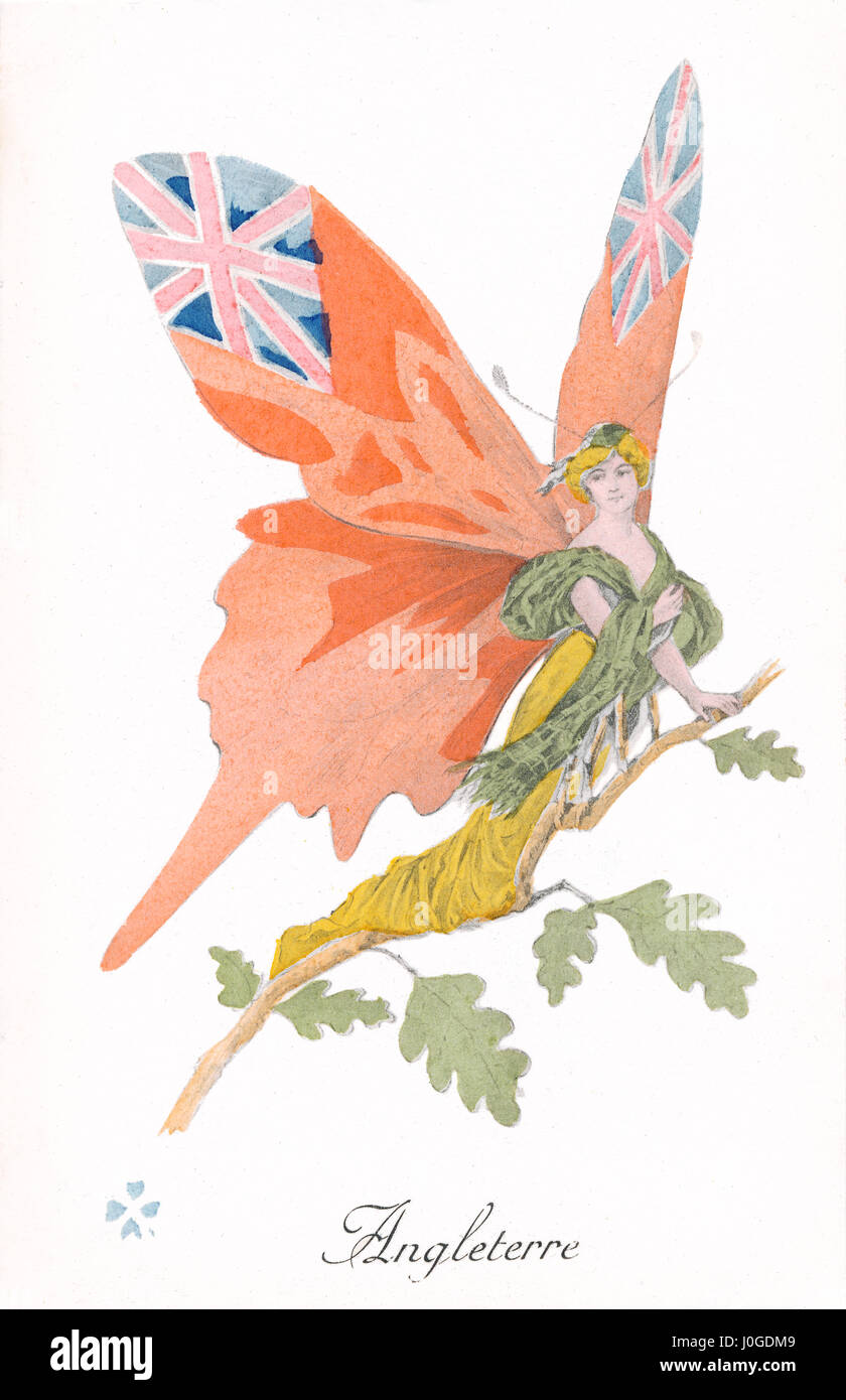 Französisch ersten Weltkrieg Ansichtskarte England wie ein Schmetterling. Teil einer Reihe von Postkarten, herausgegeben von Impressionen L. Géligné von Paris, das die Alliierten als Schmetterling Frauen porträtiert. Stockfoto