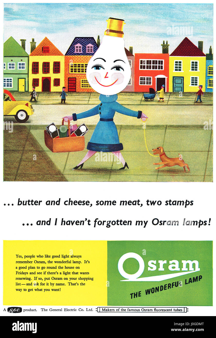 1956 britische Werbung für Osram Glühbirnen. Stockfoto
