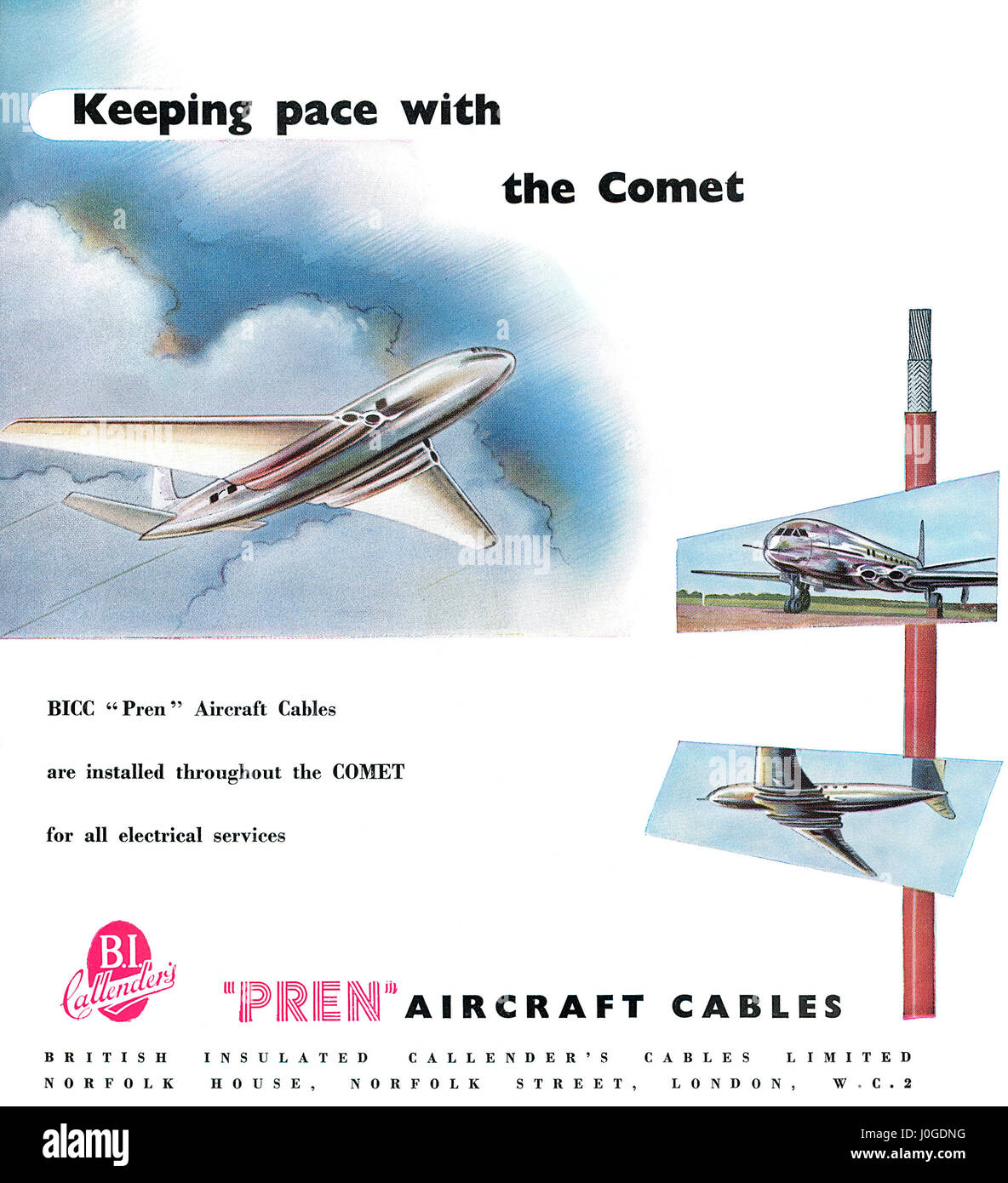 1950 britische Werbung für Pren Flugzeug Kabel B.I Kalender Kabel Limited, wie in der de Havilland Comet Jet Airliner verwendet. Stockfoto