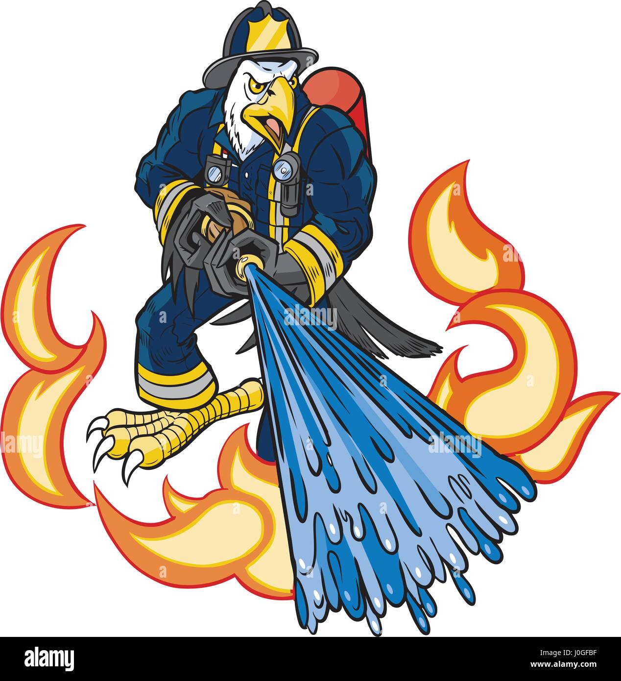 Cartoon Clip Art Vektorgrafik von harten mittleren Weißkopfseeadler Feuerwehrmann Maskottchen in Uniform Aufsprühen von Wasser auf Feuer oder Flammen mit einem Schlauch. Stock Vektor