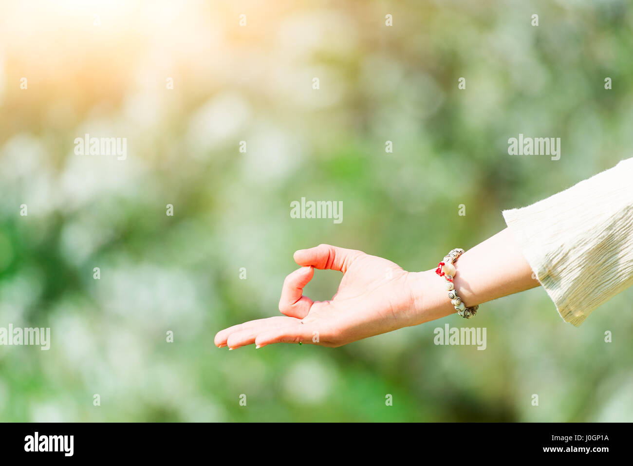 Geben Sie Yoga-Positionen in der Frühling-Natur Stockfoto