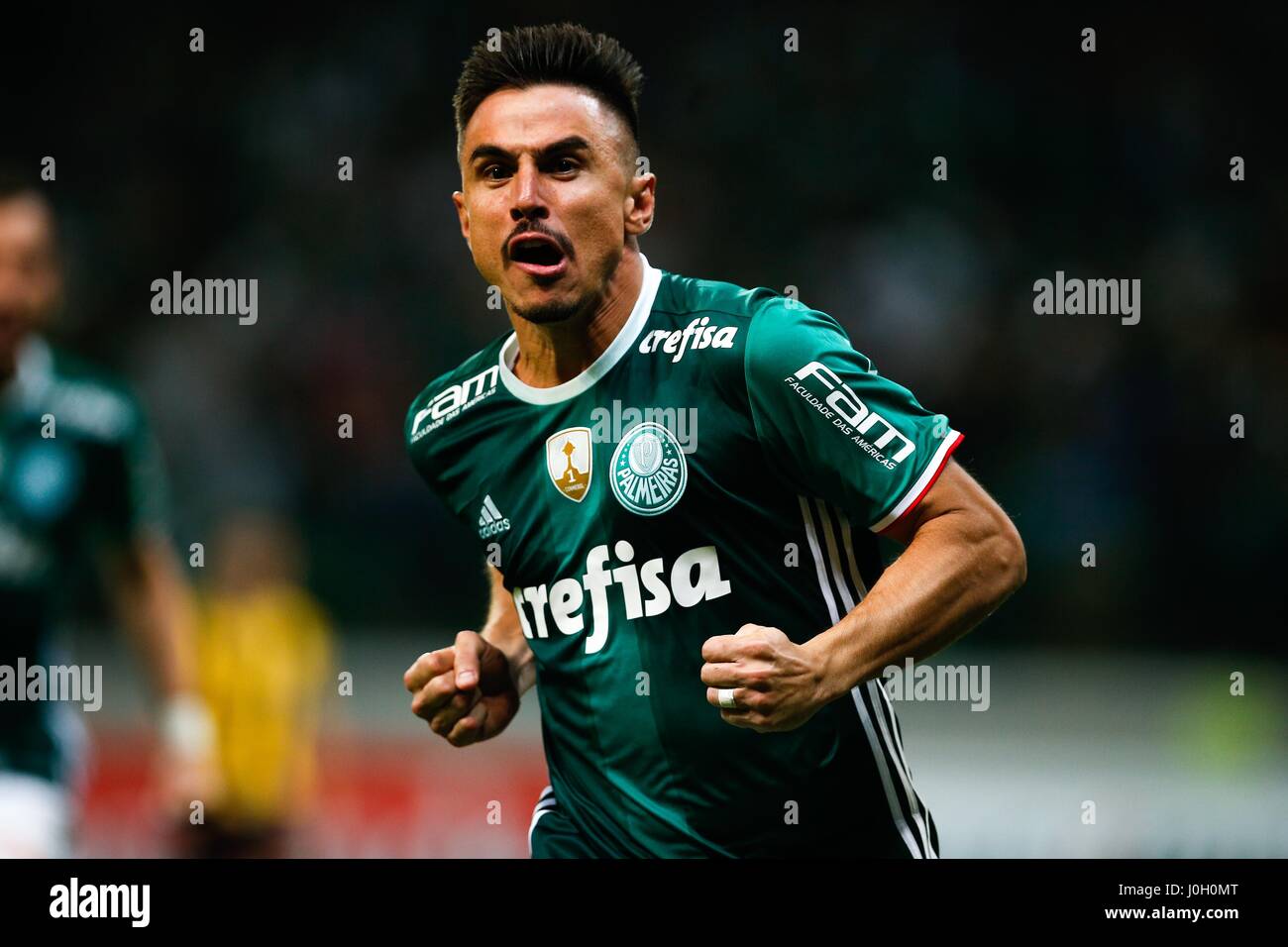 SÃO PAULO, SP - 12.04.2017: PALMEIRAS X PEñAROL - Willian Do Palmeiras feiert nach seinem Tor während des Starts Equalizer zwischen Palmeiras X Peñarol (Uruguay) gültig für die 3. Runde der Gruppenphase der Copa Libertadores Bridgestone Gruppen, gehalten im Allianz Park in Bar Nachbarschaft gegründet, westlich von der Hauptstadt. (Foto: Marcelo Machado de Melo/Fotoarena) Stockfoto