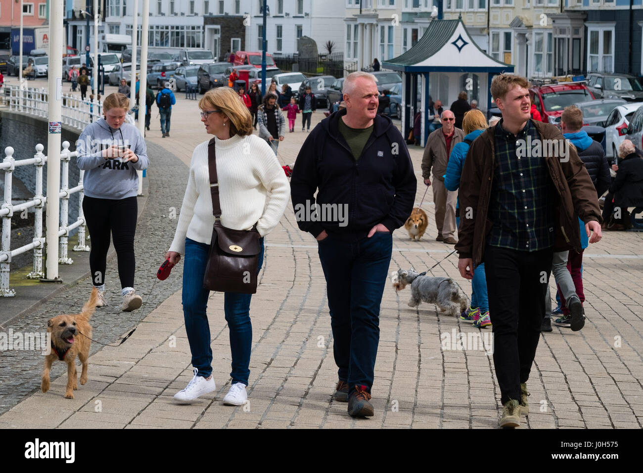 Aberystwyth Wales UK, Donnerstag, 13. April 2017 UK Wetter: Menschen zu Fuß auf der Strandpromenade promenade an einem kalten aber hellen und luftigen Tag in Aberystwyth, Wales, am Vorabend von Ostern Bank Holiday Wochenende Foto Credit: Keith Morris/Alamy Live News Stockfoto