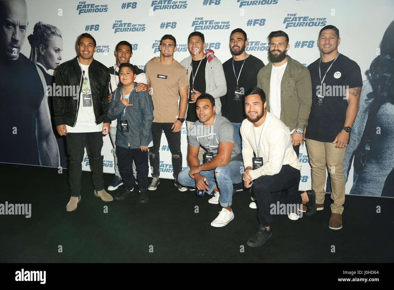 Die Penrith Panthers kommen auf dem roten Teppich für die Sydney-Premiere von The Fate of the Furious Hoyts, das Vergnügungsviertel, Moore Park. Stockfoto