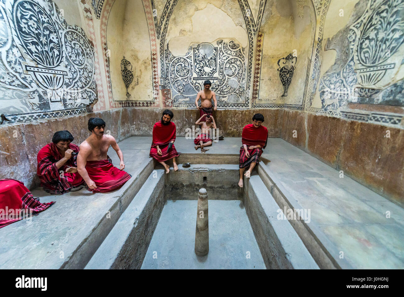 Wachsfigurenkabinett in alten öffentlichen Bädern Vakil Bad genannt, in Shiraz, Hauptstadt der Provinz Fars im Iran Stockfoto