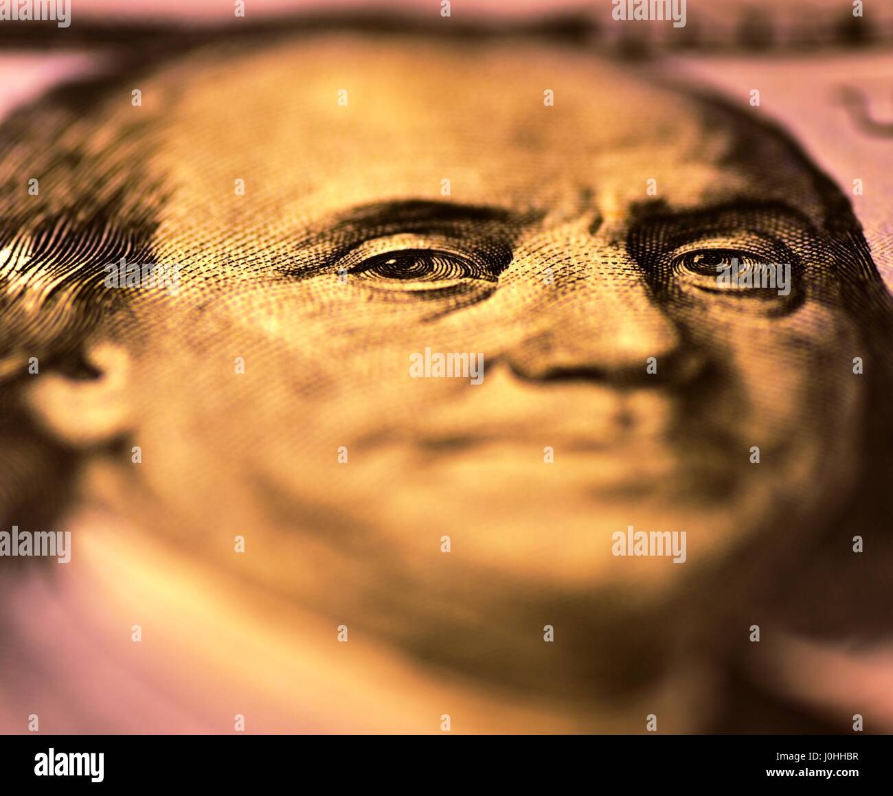 Benjamin Franklin. Augen im Fokus auf der Vorderseite die 100 US-Dollar-Schein Stockfoto