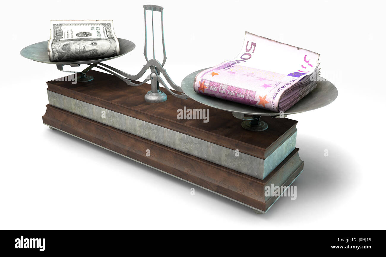 Eine alte aus Holz und Metall zwei Pan-Balance scale Vergleich einen Haufen von Dollarnoten und ein Haufen von europäischen Euro-Banknoten auf einem isolierten weißen Hintergrund - 3D Re Stockfoto