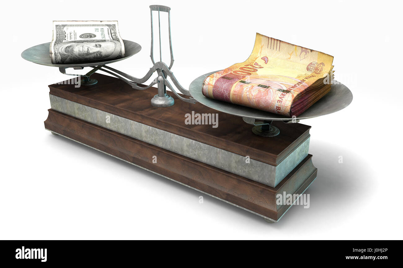 Eine alte aus Holz und Metall zwei Pfanne Gleichgewicht Skala Vergleich einen Haufen von Dollarnoten und ein Haufen von südafrikanischer Rand auf einem isolierten weißen Hintergrund - 3D Ren Stockfoto