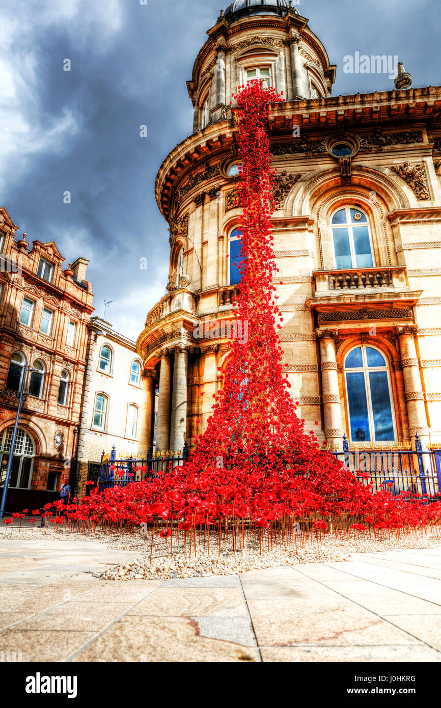 Weinend Fenster im Rumpf Kaskade von Mohnblumen auf das Maritime Museum im Stadtzentrum von Hull Kingston nach Rumpf UK England Rumpf Hull City Center Mohn Kunst Stockfoto
