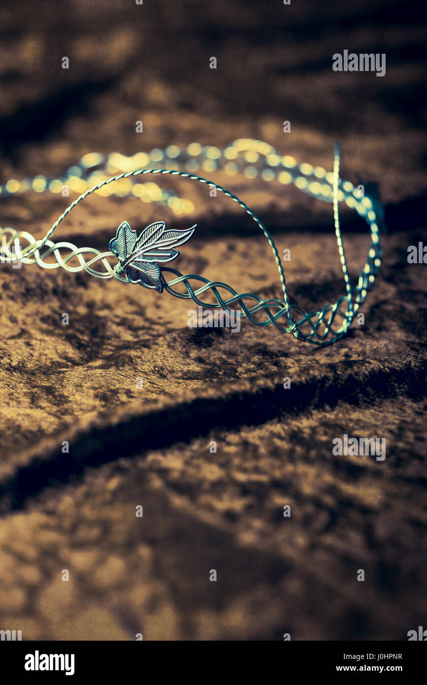 Zarte silberne Tiara auf samt Stoff Stockfoto