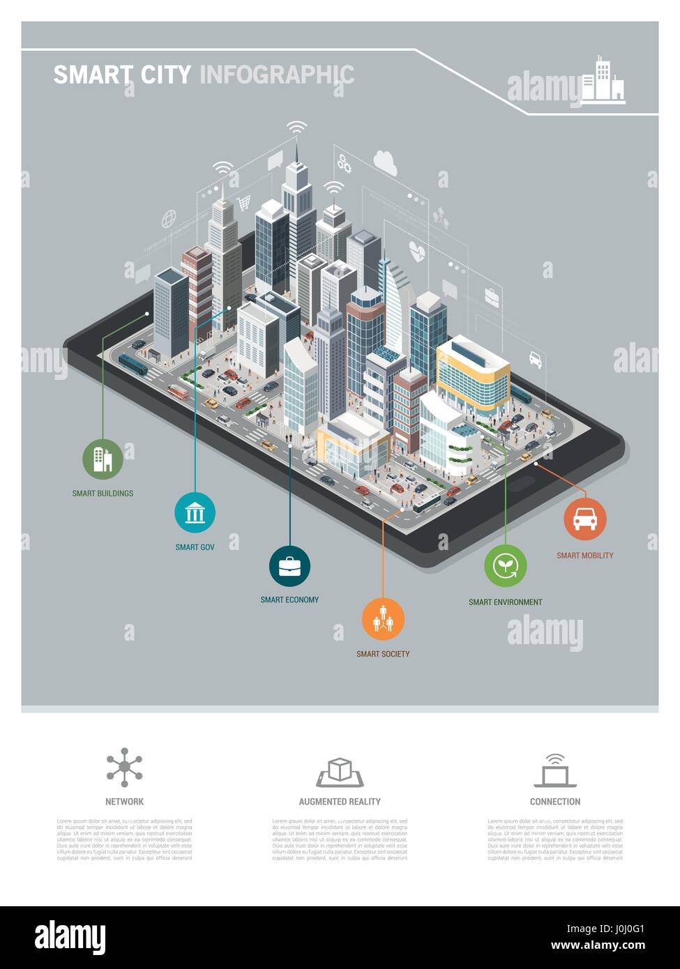Zeitgenössische isometrische smart-City auf einem digital-Tablette Infografik mit Wolkenkratzern, Personen und Fahrzeugen Stock Vektor