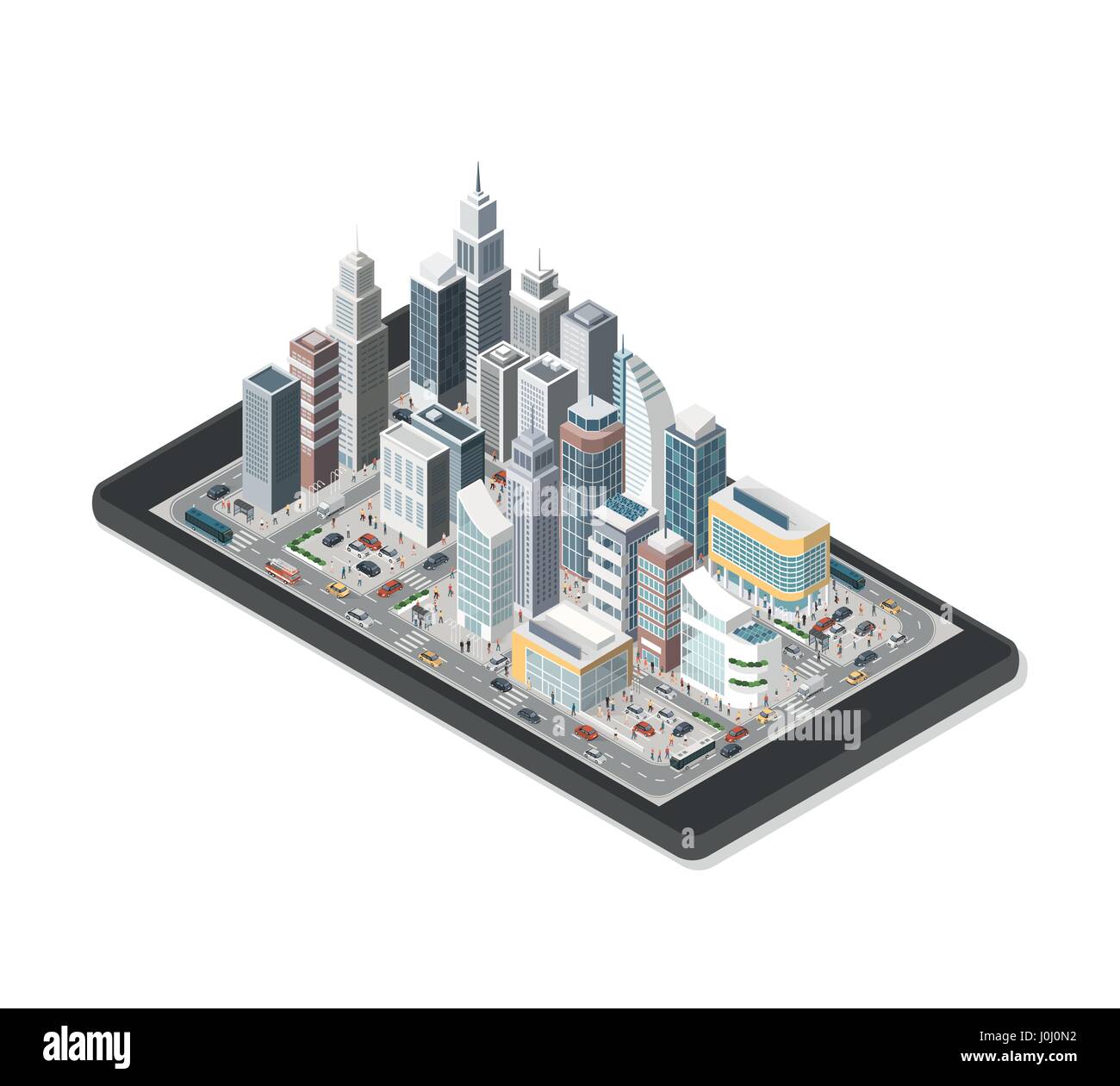 Zeitgenössische isometrische smart-City auf einem digitalen Tablet mit Wolkenkratzern, Personen und Fahrzeugen auf weißem Hintergrund Stock Vektor