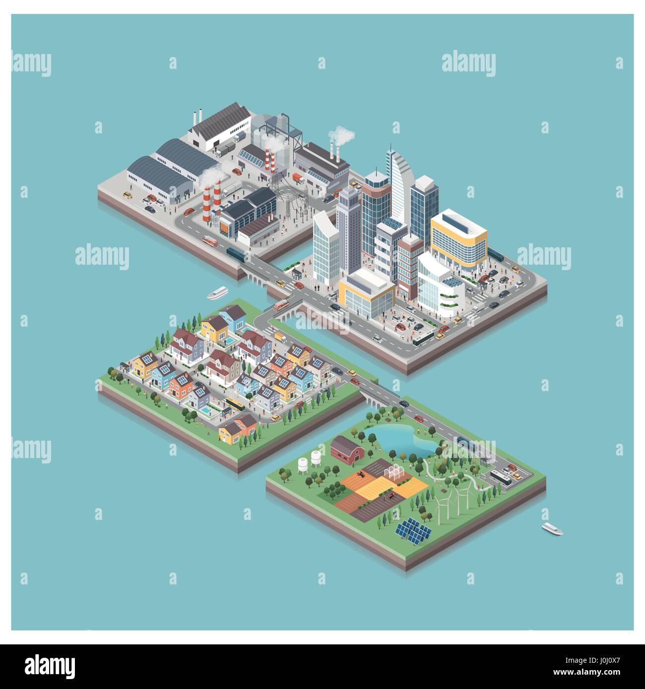 Vektor-isometrische zeitgenössische Öko Stadt Inseln mit Gebäuden, Fabriken, Menschen und Straßen: Wohnquartier, Industriepark, Gewerbegebiet, Fa Stock Vektor