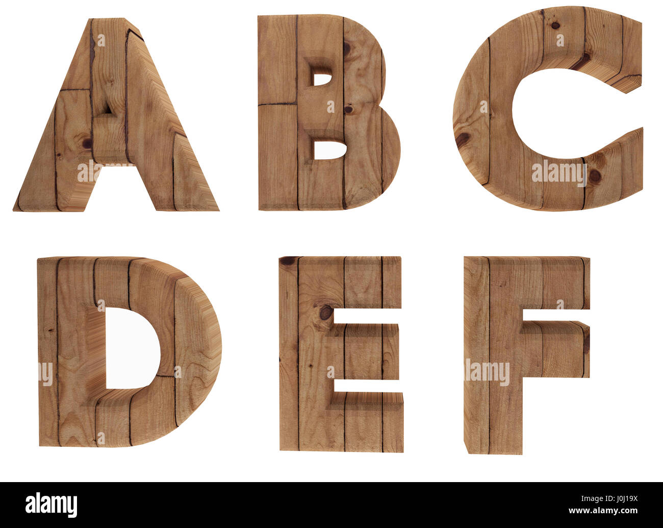 hölzerne Alphabet Buchstaben englischer Sprache A B C D E F in 3D Bild rendern Stockfoto