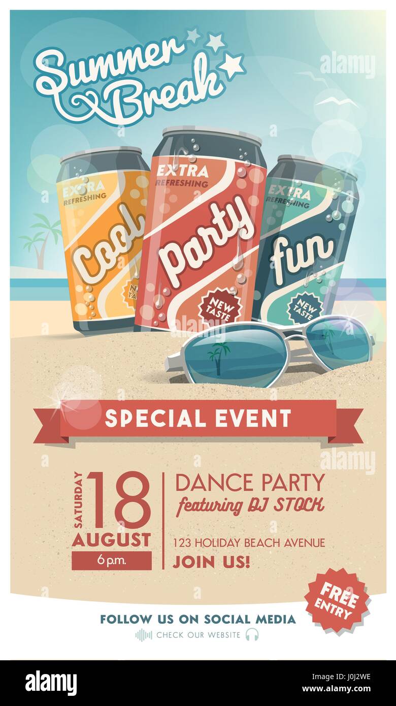 Urlaub und Sommer-Party-Plakat mit frischen Getränken, Sonnenbrille und tropischen Strand auf dem Hintergrund, Unterhaltung und Werbung Konzept Stock Vektor
