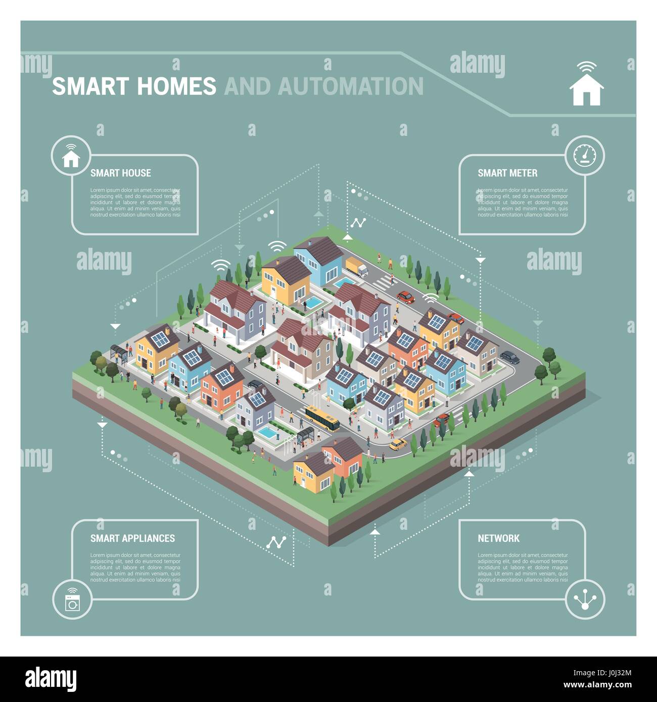 Vektor-isometrische Wohngebiet mit Häusern, Menschen, Straßen und Fahrzeuge: intelligente Häuser und Konnektivität Konzept Infografik Stock Vektor