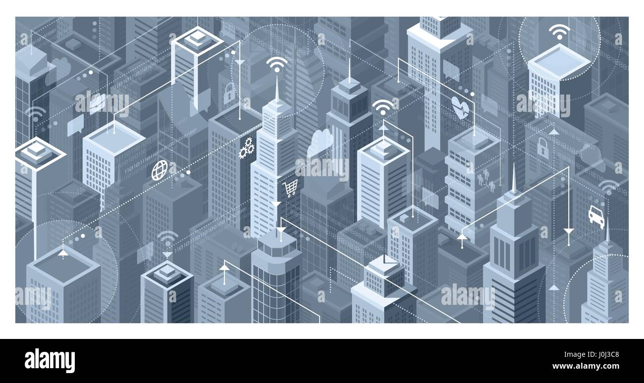 Smart City mit modernen Wolkenkratzern: sie sind die Verbindung zu dem Internet-Netzwerk, Austausch von Daten und Online-Dienste Stock Vektor