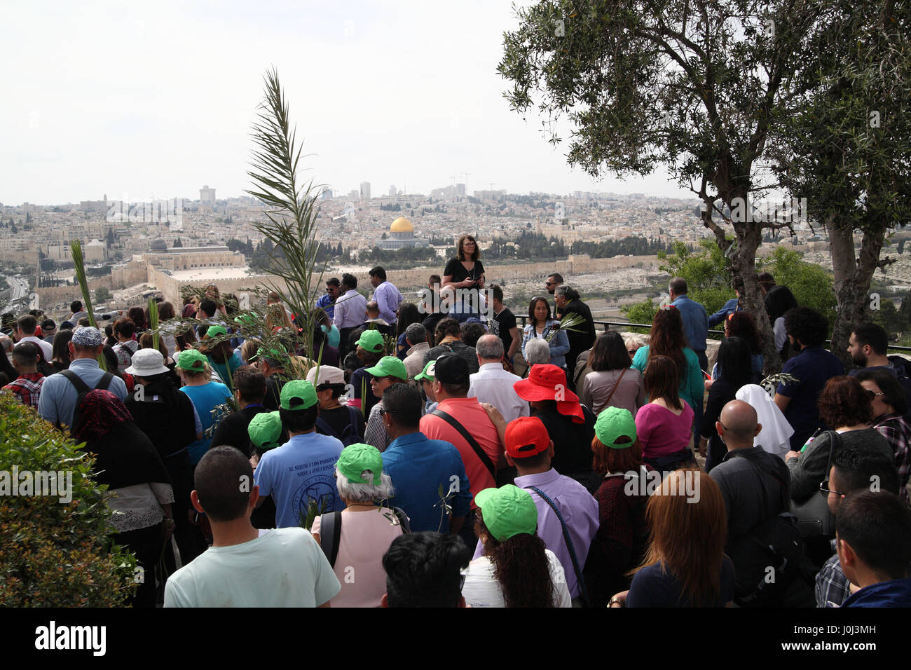 Christliche Pilger Fuß in einer Prozession am Palmsonntag am Ölberg mit Palme Niederlassungen der Felsendom auf dem Tempelberg voraus zu sehen. Stockfoto