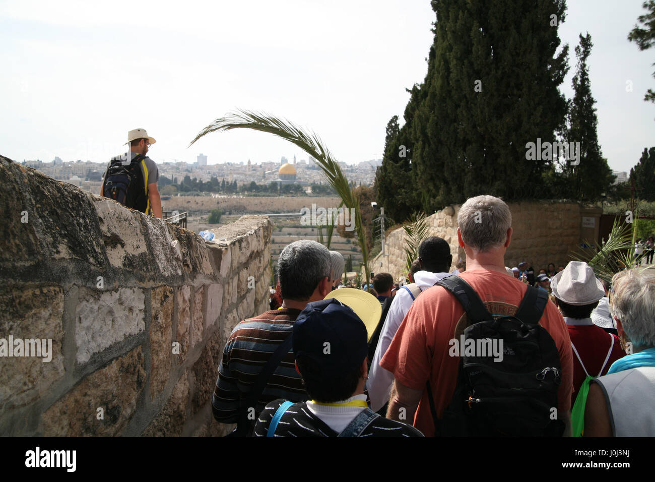 Christliche Pilger Fuß in einer Prozession am Palmsonntag am Ölberg mit Palme Niederlassungen der Felsendom auf dem Tempelberg voraus zu sehen. Stockfoto