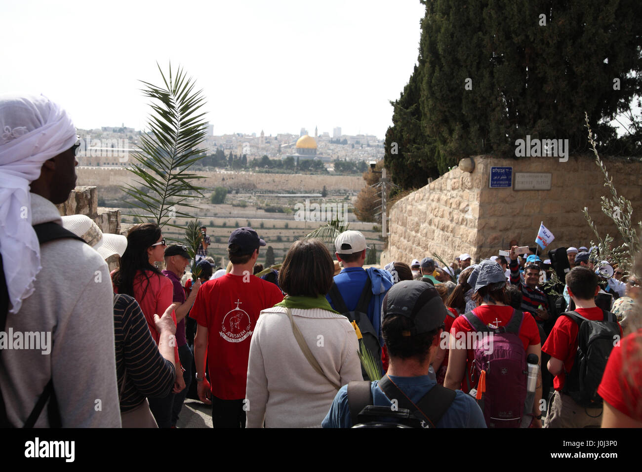 Christliche Pilger Fuß in einer Prozession am Palmsonntag am Ölberg mit Palme Niederlassungen der Felsendom auf dem Tempelberg voraus zu sehen. Stockfoto