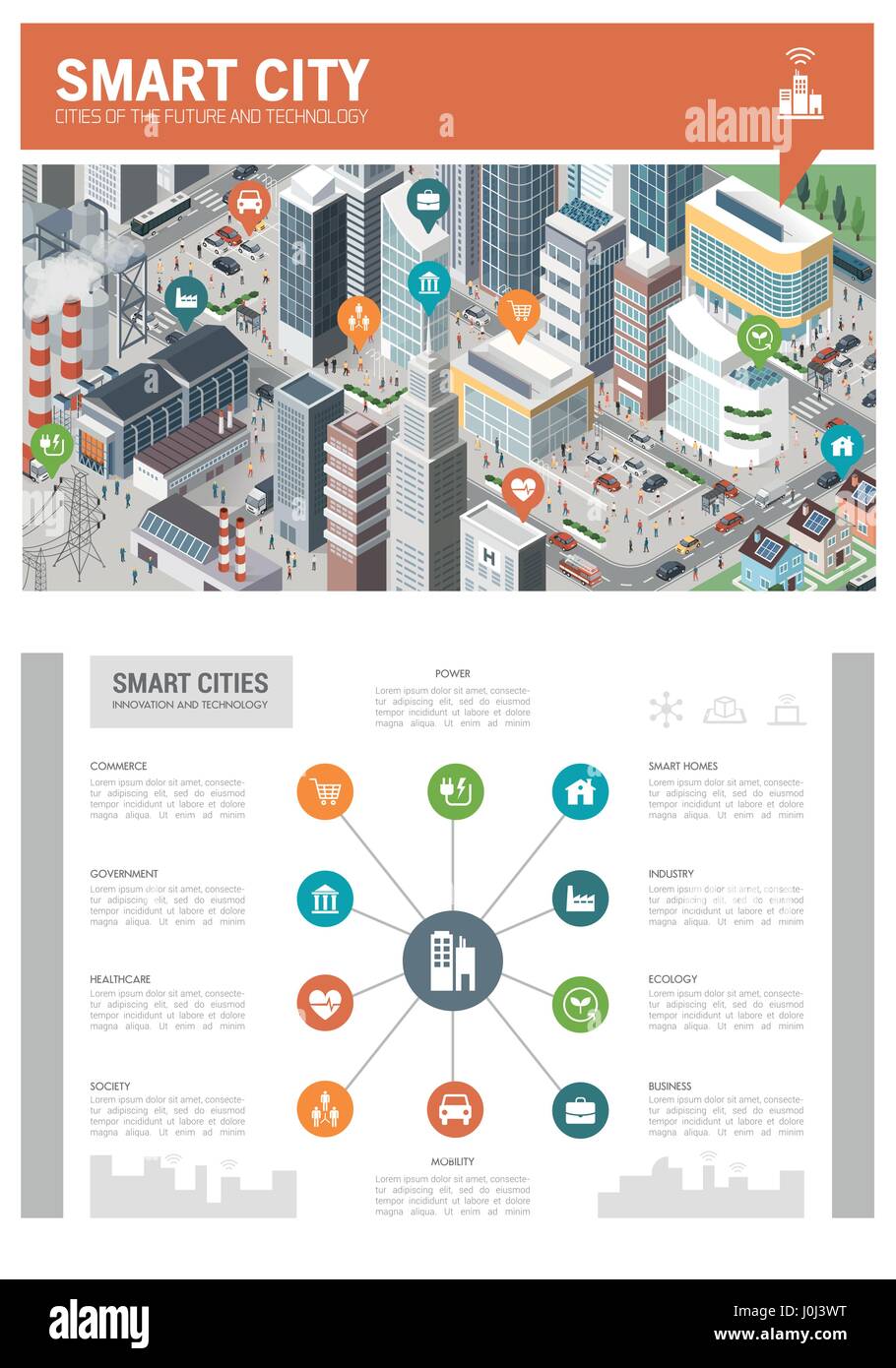 Isometrische innovative smart-City-Infografik mit Stiften und Symbole: städtebauliche Entwicklung, Nachhaltigkeit und Technologie-Konzept Stock Vektor