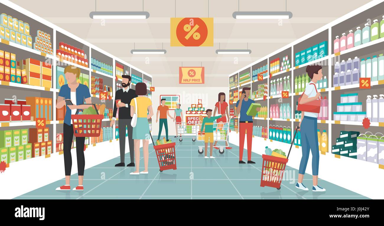 Menschen beim Einkaufen im Supermarkt, sind sie Auswahl der Produkte in den Regalen und Schieben Karren oder Einkaufskörbe Stock Vektor