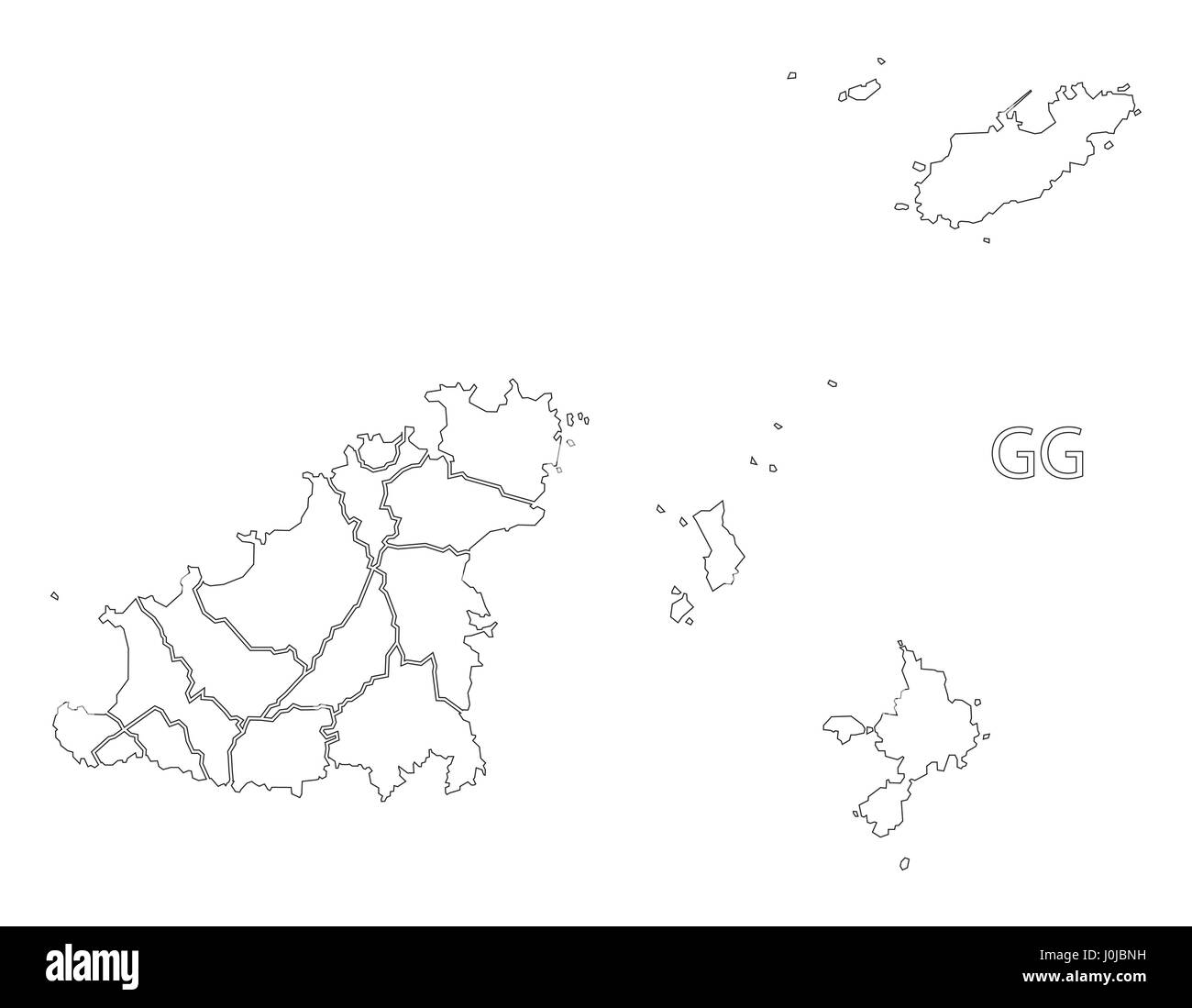 Guernsey Umriss Silhouette Karte Abbildung mit Pfarreien Stock Vektor