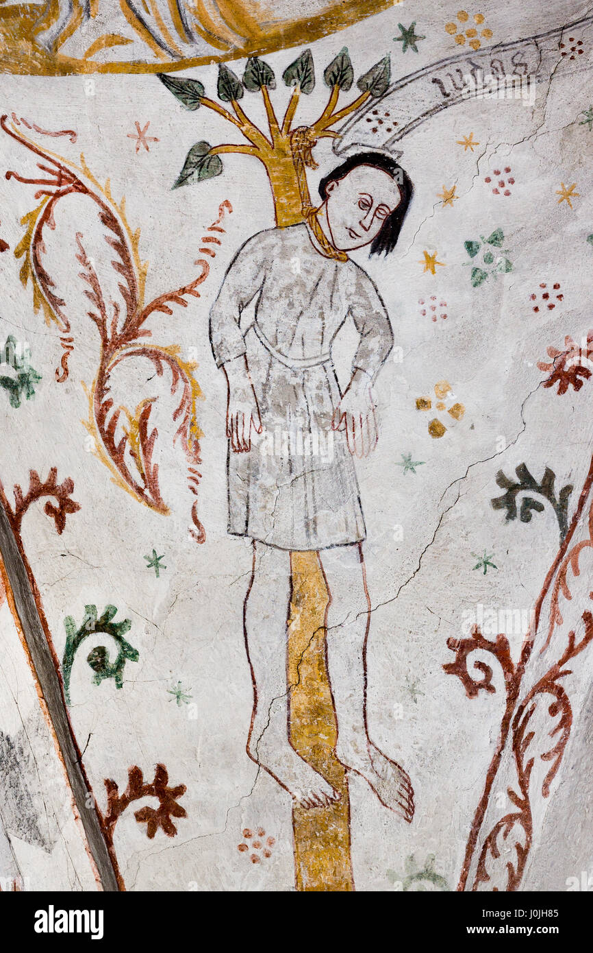 Fresko der Selbstmord des Judas Ischariot, hängen in einem Baum, Tingstedet, Danmark, 11. April 2017 Stockfoto Fresko der Selbstmord des Judas Ischariot, hängen in einem Baum, Tingstedet, Danmark, 11. April 2017 Stockfoto