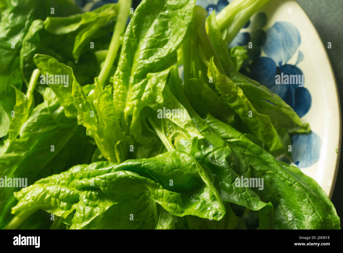 frische junge Spinatblätter auf Platte Stockfoto