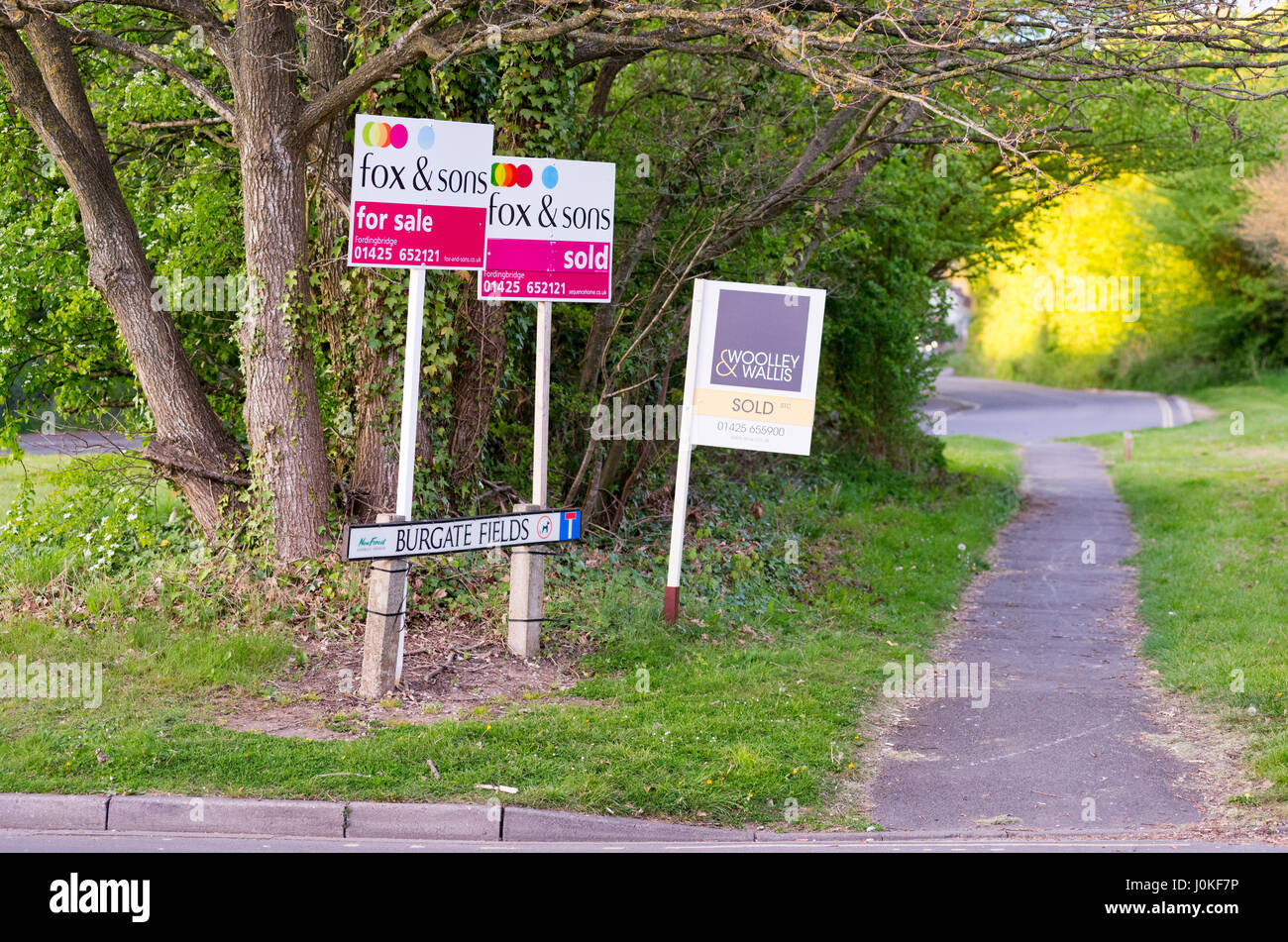 Estage Agenten für Verkauf Zeichen in einer halb ländlichen Lage, UK. Stockfoto